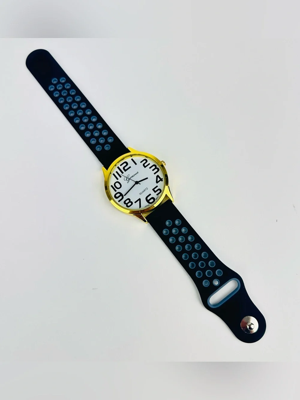 Geneva Large Gold Case with Black Perforated Silicone Sport Strap Watch